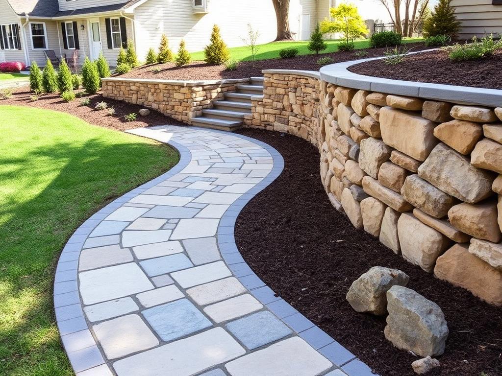 Flagstone walkway with stone retaining wall